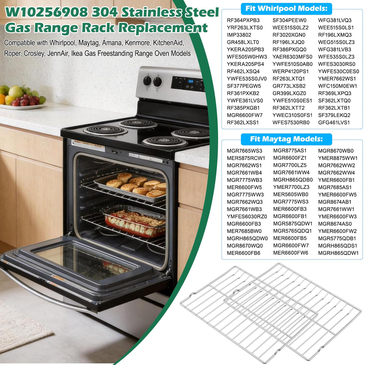 Upgraded 2PACK W10256908 304 Stainless Steel Gas Range Oven Stove Rack Replacement, Compatible with Whirlpool, Maytag, Amana Oven Flat Racks WFG550S0HV3, MGR6600FW6, AGR6603SFS1 Metal Wire Racks