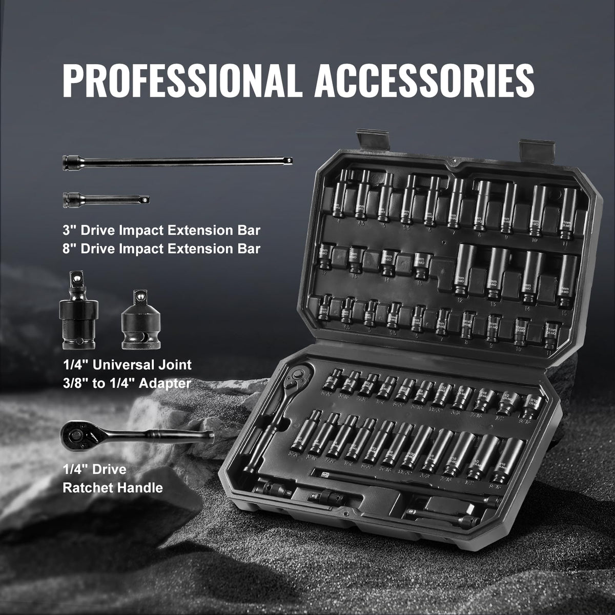 VEVOR Impact Socket Set 1/4" Drive, 55-Piece Deep & Shallow Socket Set Standard SAE (5/32 to 9/16 inch) & Metric (4 to 15 mm) Size, 6 Point, CR-V, Extension Bar, Universal Joint, Reducer