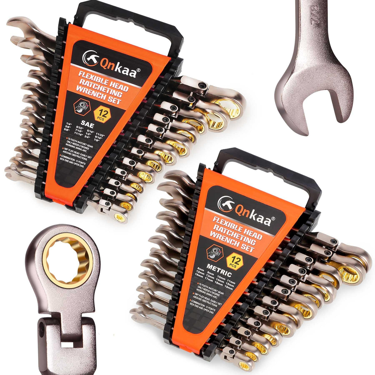 Qnkaa Flexible Ratcheting Wrench Set 24pcs Metric 8-19mm & SAE 1/4” to 7/8“