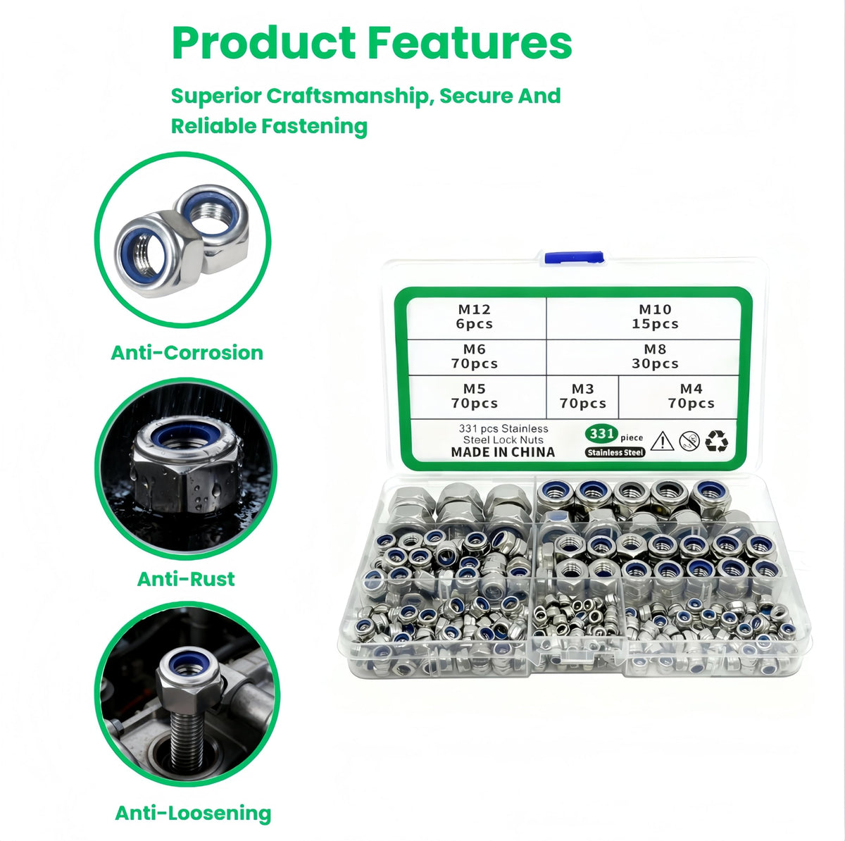 BOLDGNAITE 331pcs Metric Lock Nuts Assortment Kit,M3 M4 M5 M6 M8 M10 M12 Nylon Insert Locknuts, 304 Stainless Steel Self-Locking Nuts Set for Industrial and Home Use
