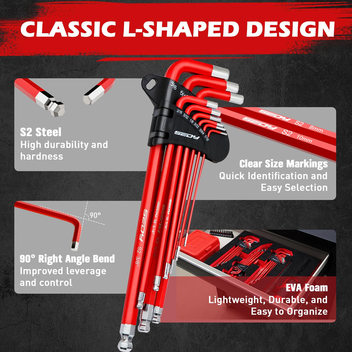 SEDY 30-Piece Long Arm Ball End L-Hex & Torx Key Set with Grip Handle, Ultimate Hex Key Wrench Set with T-Handle and Extension Bars, SAE 1/16" to 3/8", Metric 1.5mm to 10mm, Torx T10 to T50