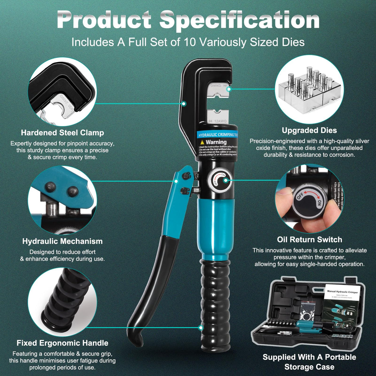 Brileine Hydraulic Crimping Tool, Battery Cable Crimper 12–4/0 AWG, 10 Dies