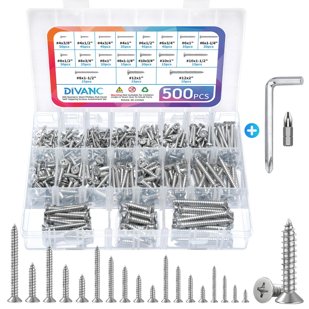 500Pcs 304 Stainless Steel Wood Screws Assortment Kit,#4#6#8#10#12 Assorted Screws,Phillips Drive Flat Head Sheet Metal Screw Self Tapping Screws Set, Length 3/8" to 2" (Silver-Flat Head)