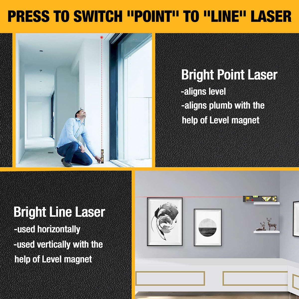 PREXISO 2-in-1 Laser Level 100Ft/30Ft, 12" Magnetic Spirit Level with Light