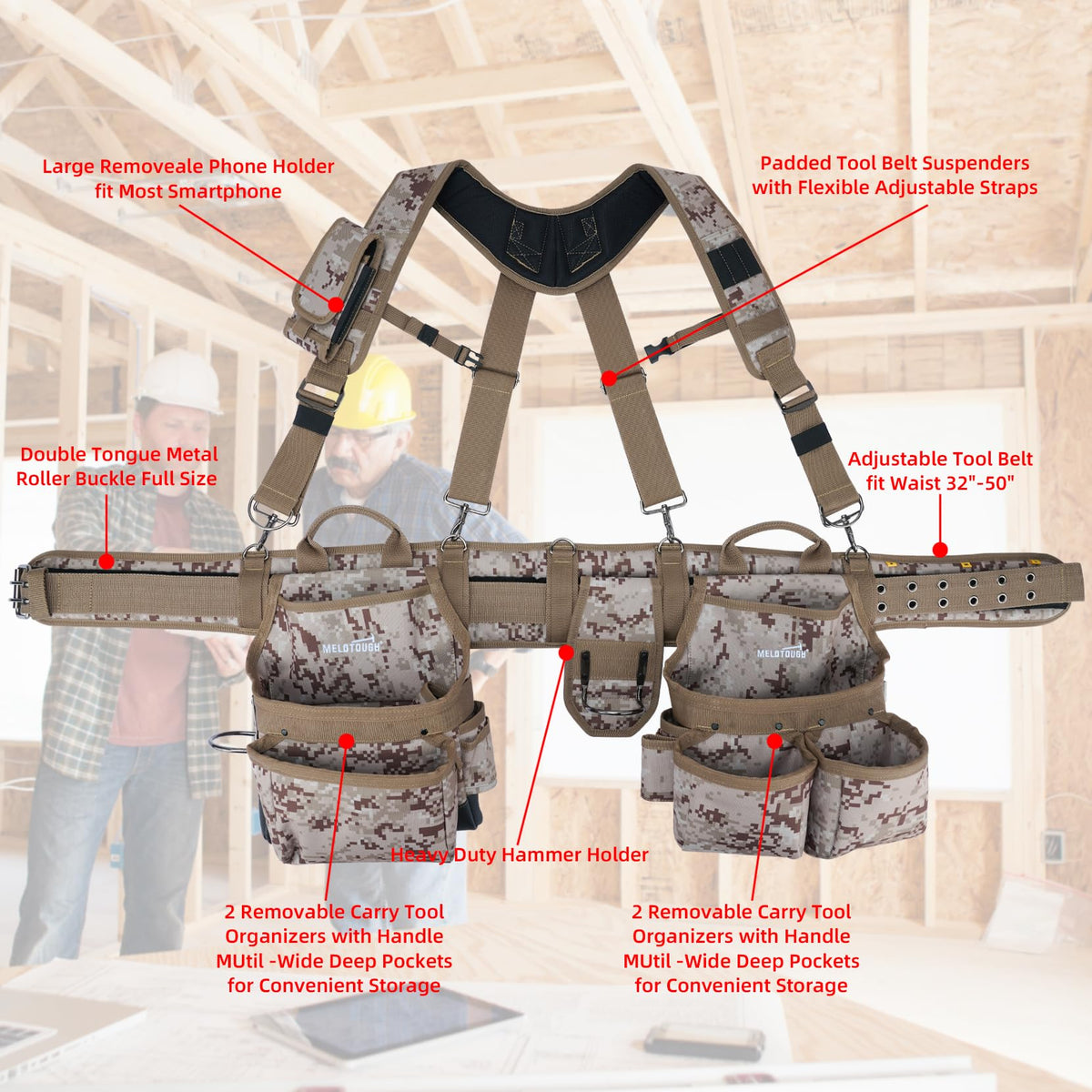 MELOTOUGH Camo Tool Belt with Suspenders Camouflage Tool Pouch Supenders Framers Combo Apron Tool Belt Construction Tool Bag Suspenders Heavy Duty Carpenter Suspension Rig for Electrician(Kahki Camo)