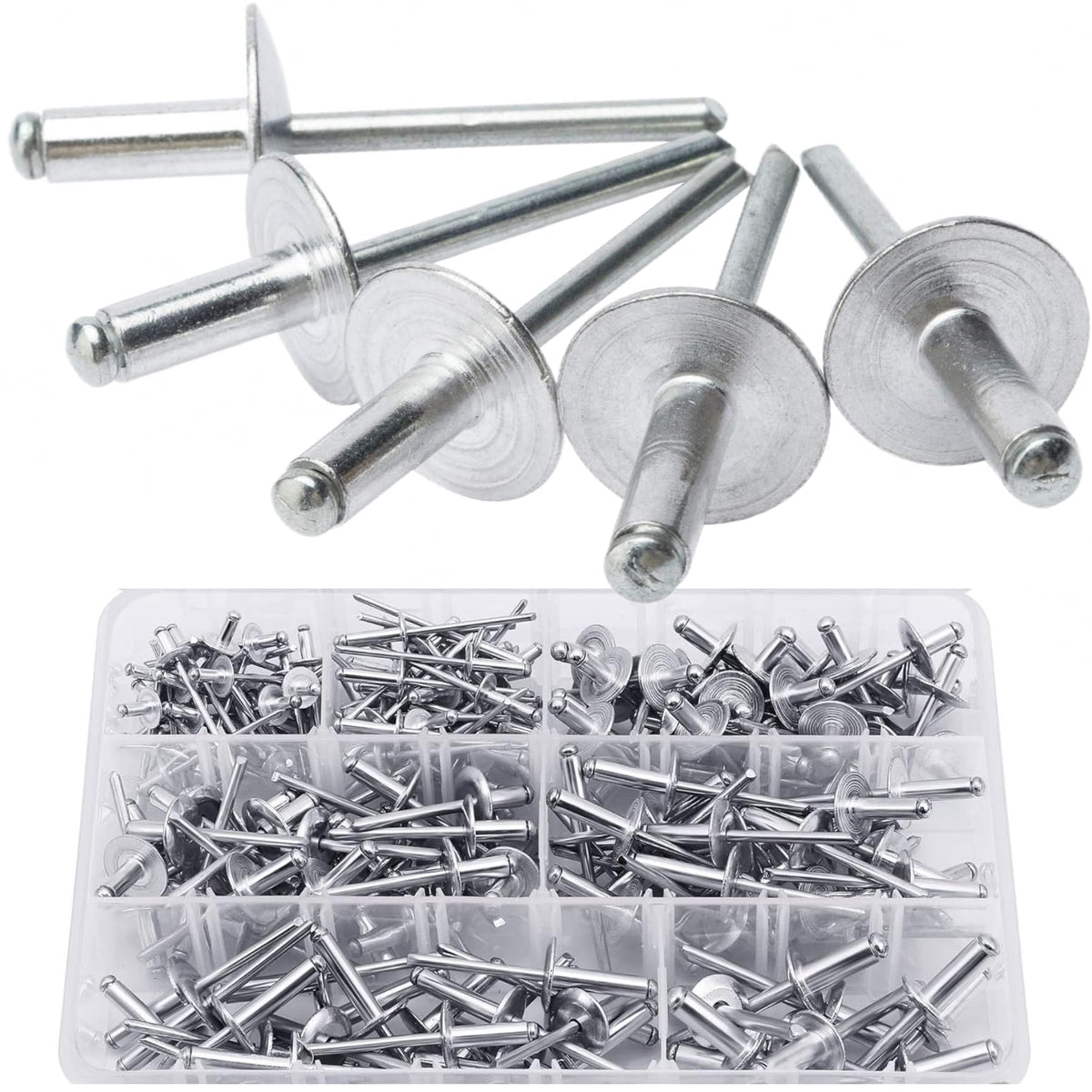 LAZIRO215PCS Pop Rivets Assortment Kit, Large Flange Aluminum Rivets(1/8" 5/32" 3/16") Assorted Blind Rivets with Case(Silver) (Rivets Assortment Kit)