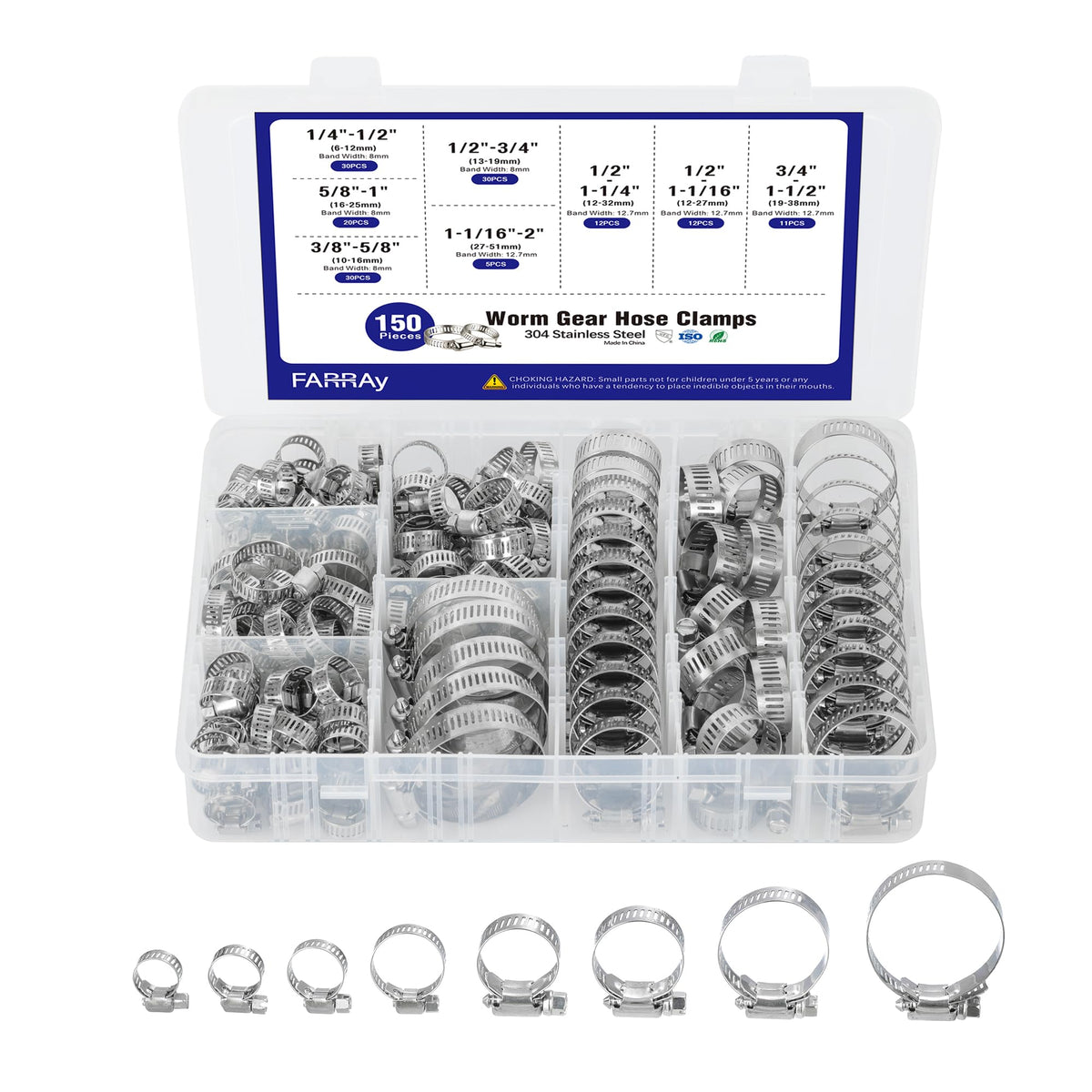 FARRAY 150 PCS Hose Clamps Assortment Kit, Adjustable 1/4"- 2"(6-51mm) Worm Gear Hose Clamps, 304 Stainless Steel Hose Clamps for Plumbing, Automotive and Mechanical Applications