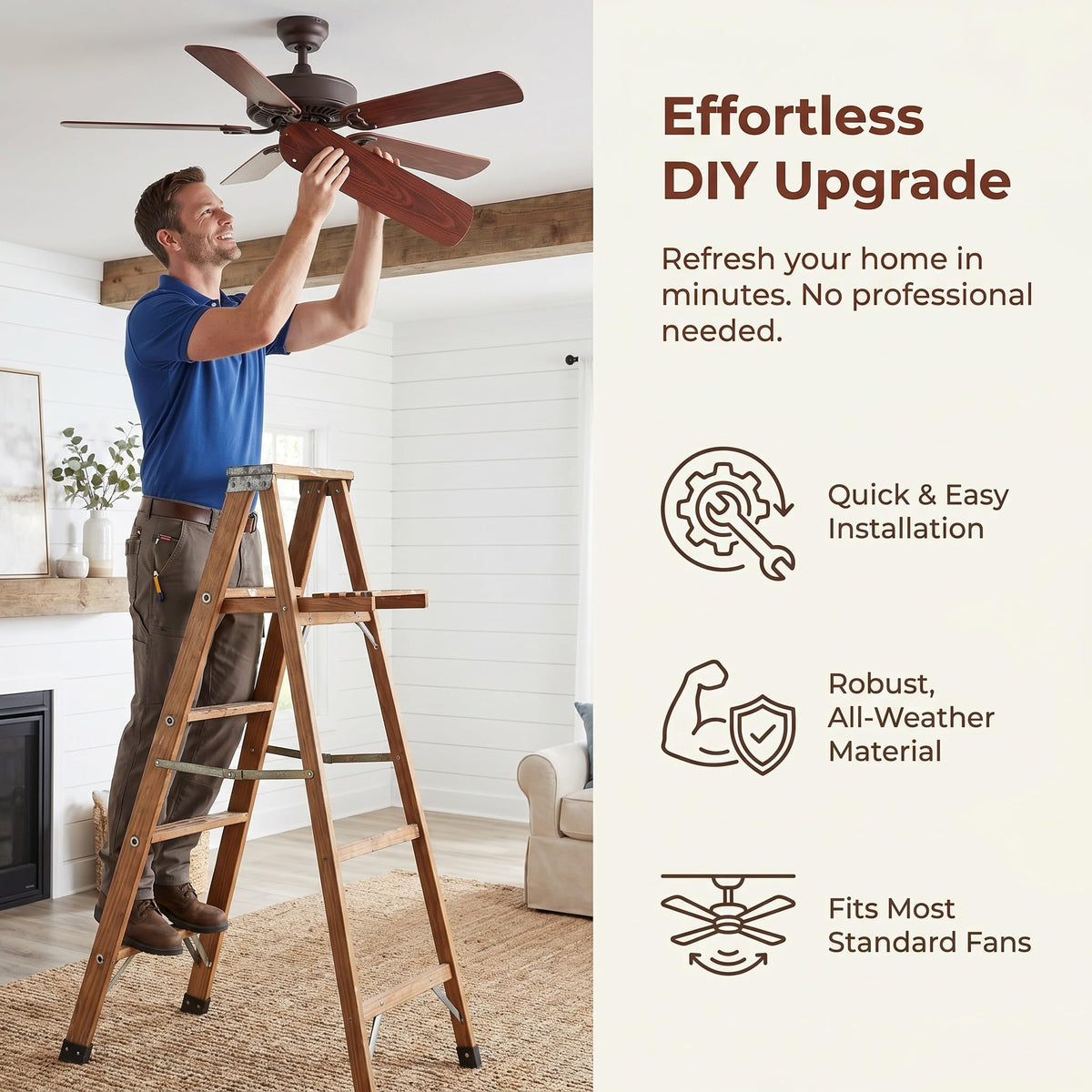JOINPAYA 5pcs Replacement Fan Blades for 52" Ceiling Fans - 21" Length Weatherproof Plastic Blades Wood Grain - Substitution for Broken in Indoor Summer Use