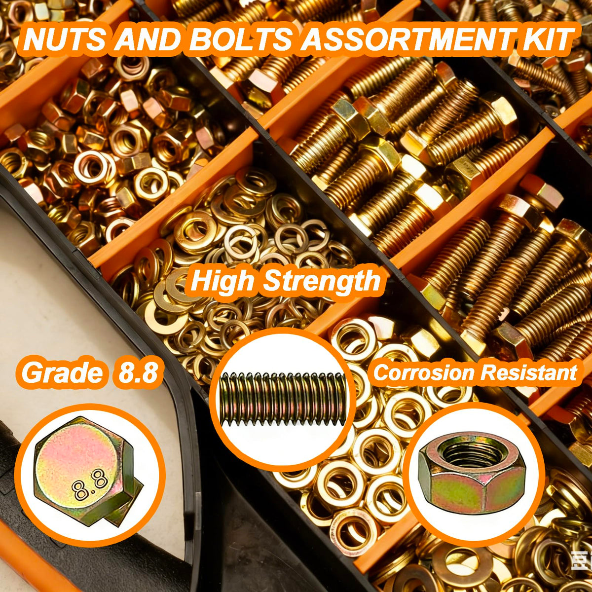 1460PCS Nuts and Bolts Assortment Kit - M4 M5 M6 M8 Grade 8.8 Bolts with Nuts & Washers - Heavy Duty Hex Head Bolts Assortment for Automotive Repair, Machinery, Furniture - Zinc Plated