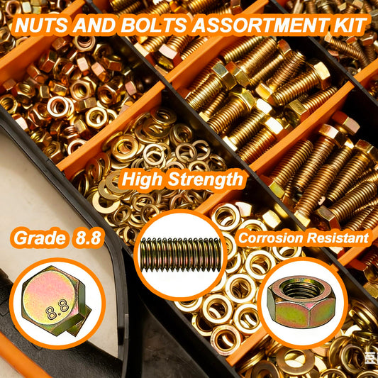 1460PCS Nuts and Bolts Assortment Kit - M4 M5 M6 M8 Grade 8.8 Bolts with Nuts & Washers - Heavy Duty Hex Head Bolts Assortment for Automotive Repair, Machinery, Furniture - Zinc Plated