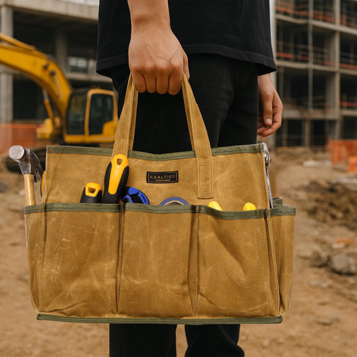 16OZ Waxed Canvas Tool Tote Bag, Large-Capacity Tool Storage Tote with 10 External Pockets, Multi-Purpose Garden Tool Carrier for Gardening, Wrench, and Carpentry Tools – Khaki