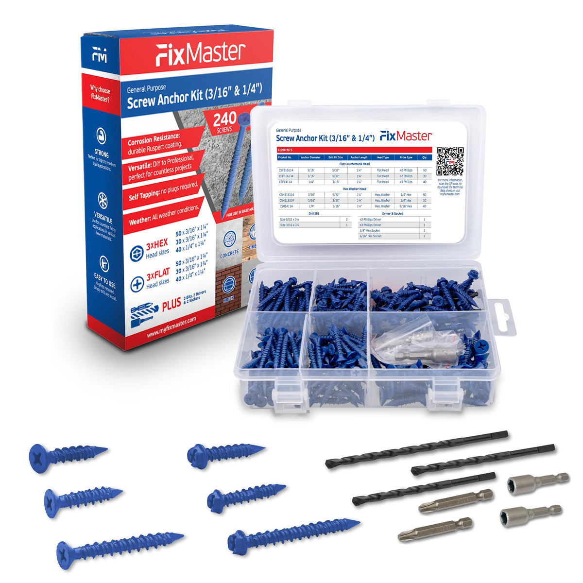 Blue Concrete Screws Multi Purpose Mix Kit - 240 pcs (3/16x1-1/4, 3/16x1-3/4 & 1/4x1-1/4) w/ 2 Sockets & 3 Concrete Drill Bits - Masonry Screws & Anchors for Concrete, Masonry, Wood & Brick