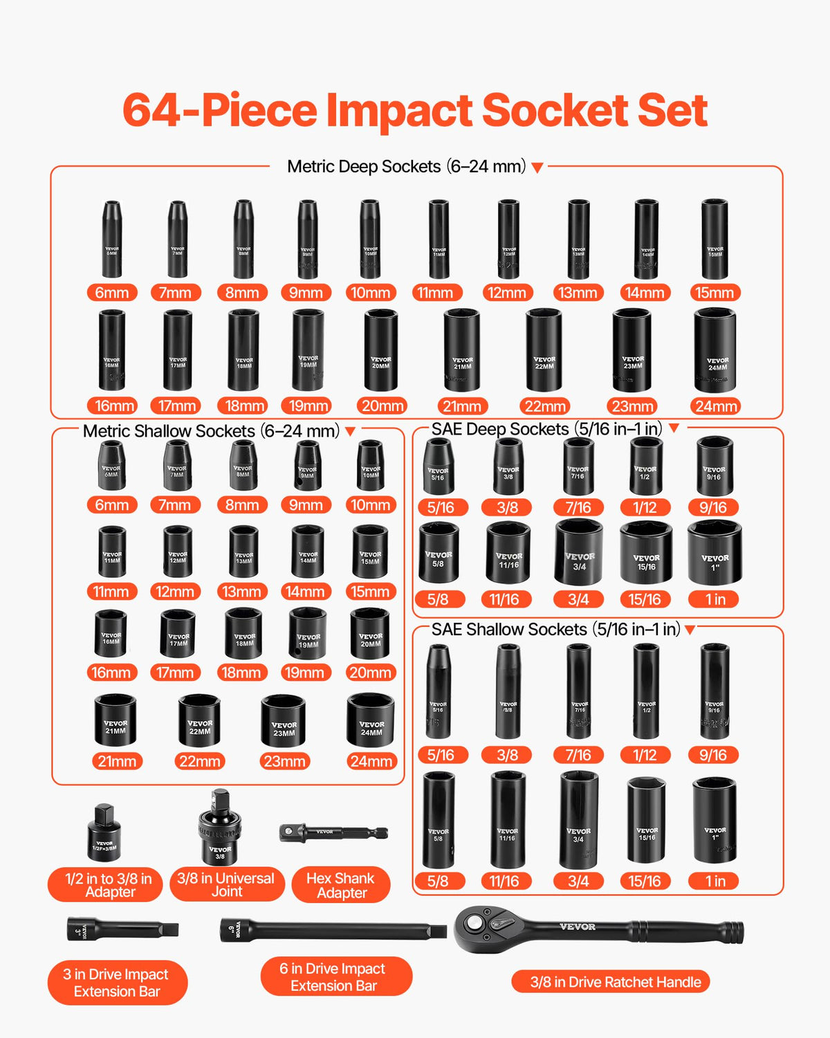 VEVOR 3/8" Drive Impact Socket Set, 64 Piece, Deep & Shallow Kit