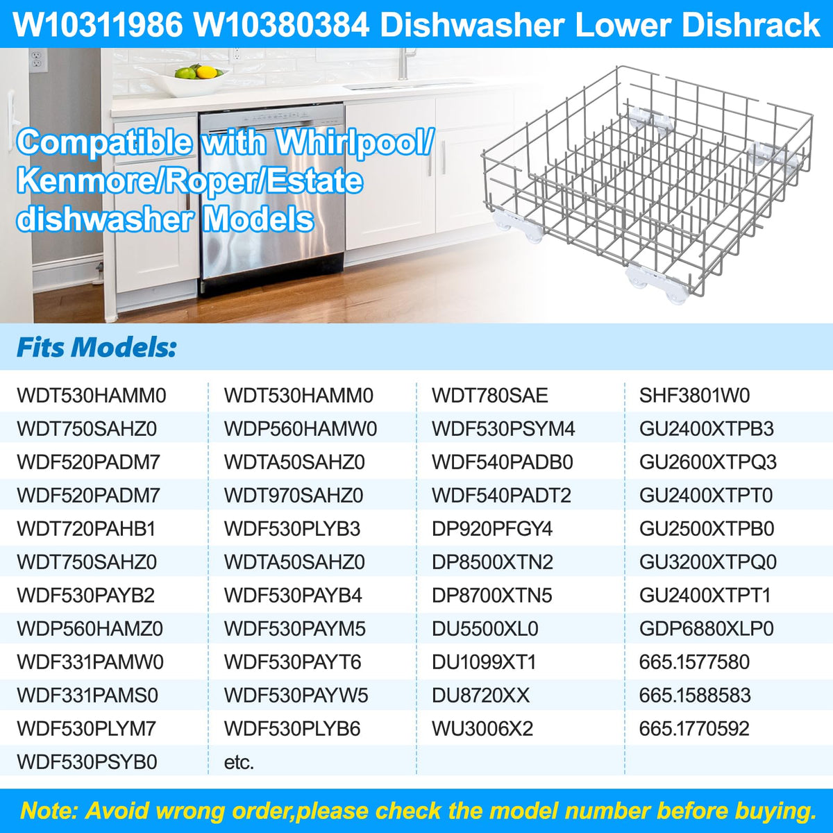 UPGRADED W10311986 W10380384 Dishwasher Lower Rack Assembly for Whirlpool Kenmore Dishwasher Rack Replacement Parts,W10311986 W11158802 Whirlpool Dishwasher Bottom Rack with Wheel Dishrack