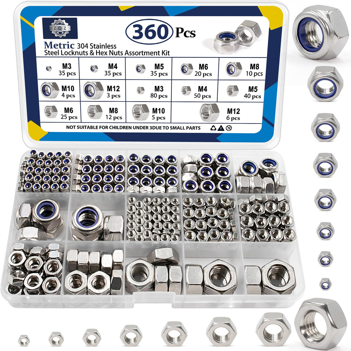 ZQZ 360Pcs Metric Hex Nut & Lock Nuts Assortment Kit (M3-M12) Hardware Nut