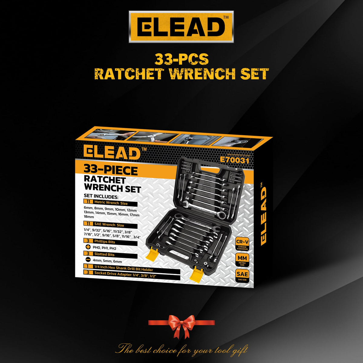 ELEAD 33-Piece Combination Ratchet Wrench Set, SAE & Metric Sizes (1/4" to 3/4" & 6-18mm), 72-Tooth Gear Design, CR-V Steel, Organizer Carry Case, Ideal for Mechanics & DIY