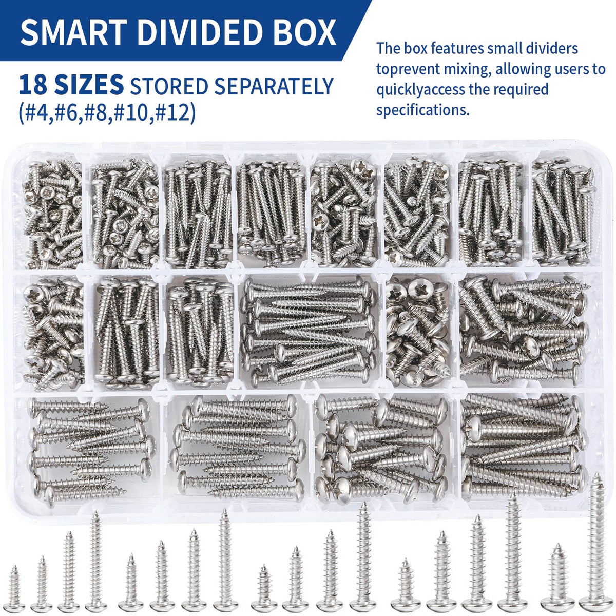 600 PCS 304 Stainless Steel Wood Screws Assortment Kit,Assorted Sheet Metal Screws #4/#6/#8/#10/#12 Phillips Pan Head Self-Tapping Screws Set,Assorted Wood Screws, Length 3/8" to 1-1/2" (Silver)