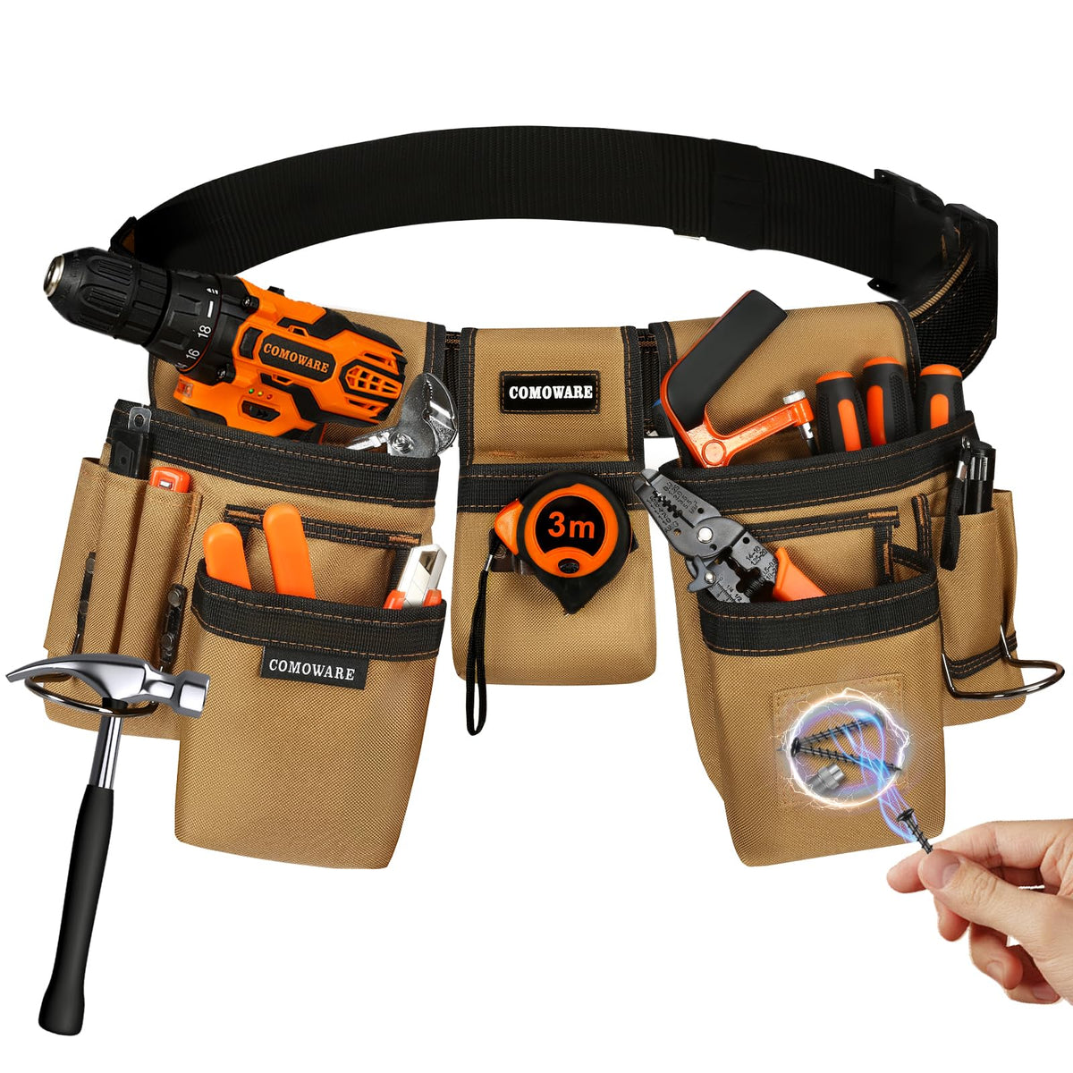 COMOWARE Tool Belt for Men 17-Pocket Heavy Duty Toolbelt w/Magnetic Holster