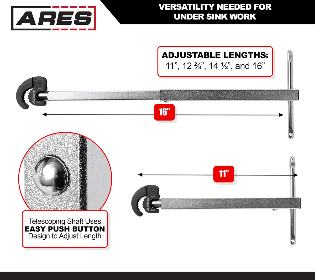 ARES 33001 11-16-In Telescopic Basin Wrench - Adjustable 1-3/8-In Jaw