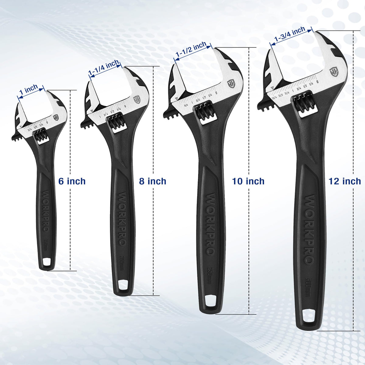 WORKPRO 4-Piece Adjustable Wrench Set, 6"-12", Cr-V Steel, Black Oxide