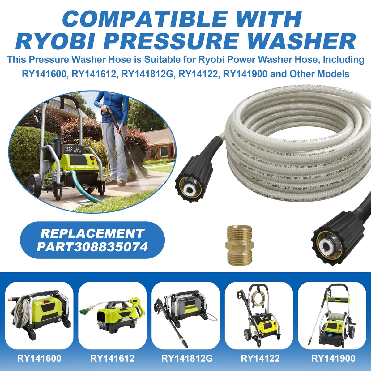 25FT Pressure Washer Hose for Ryobi Power Washer Hose