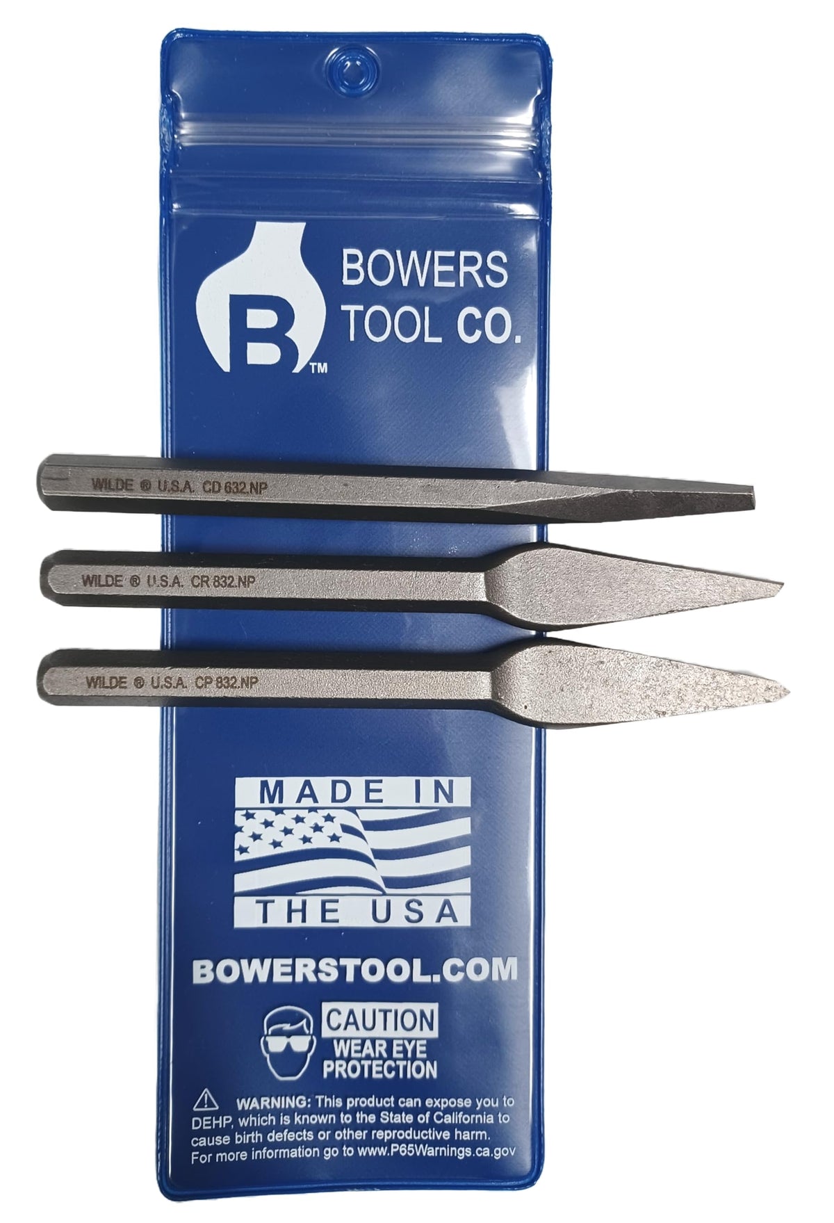 Bowers Tool Co. 3pc 5/32 Diamond 1/4in Cape and Round Chisel Set w Pouch MADE IN USA