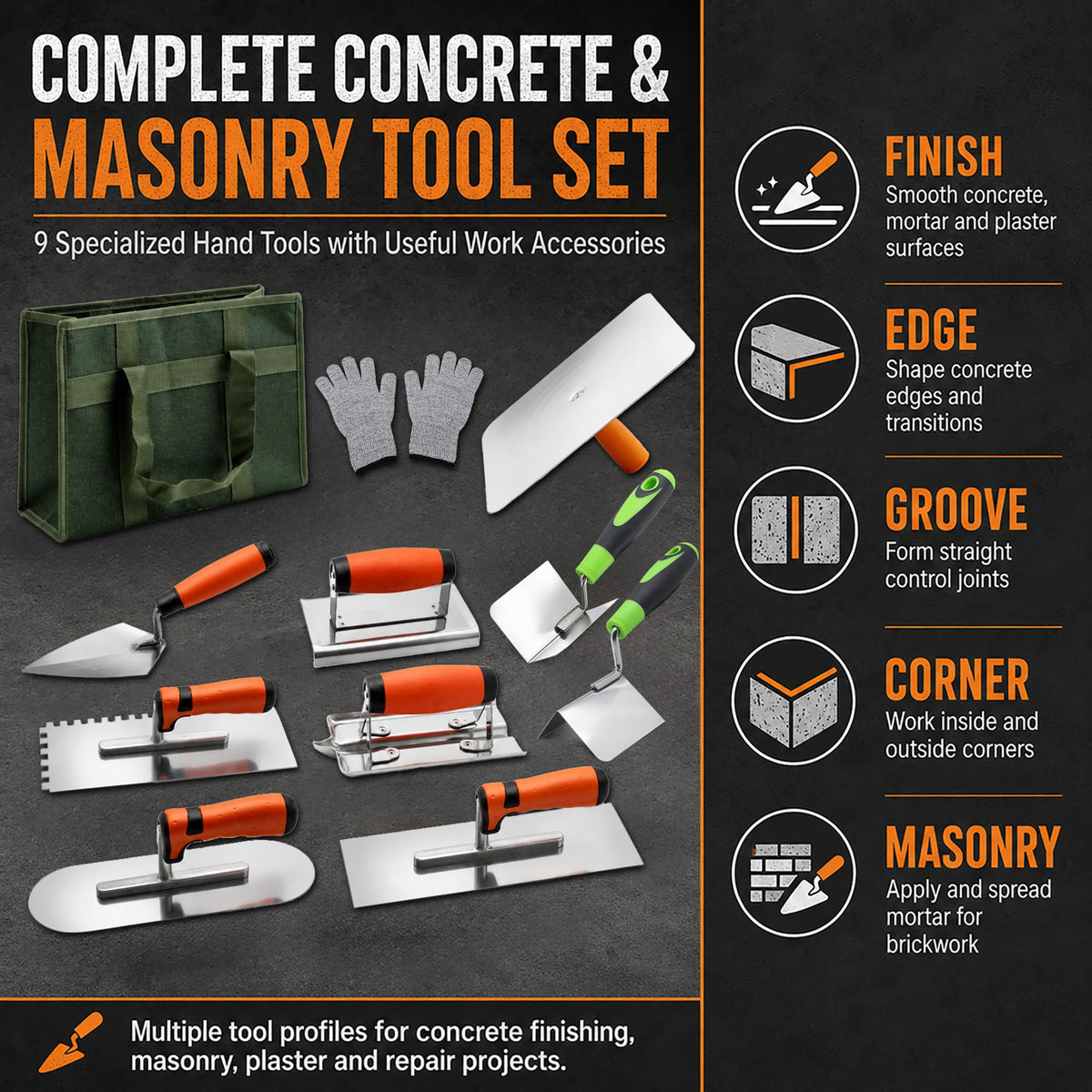 9-Piece Concrete Tools and Masonry Trowel Set with Edger and Hawk
