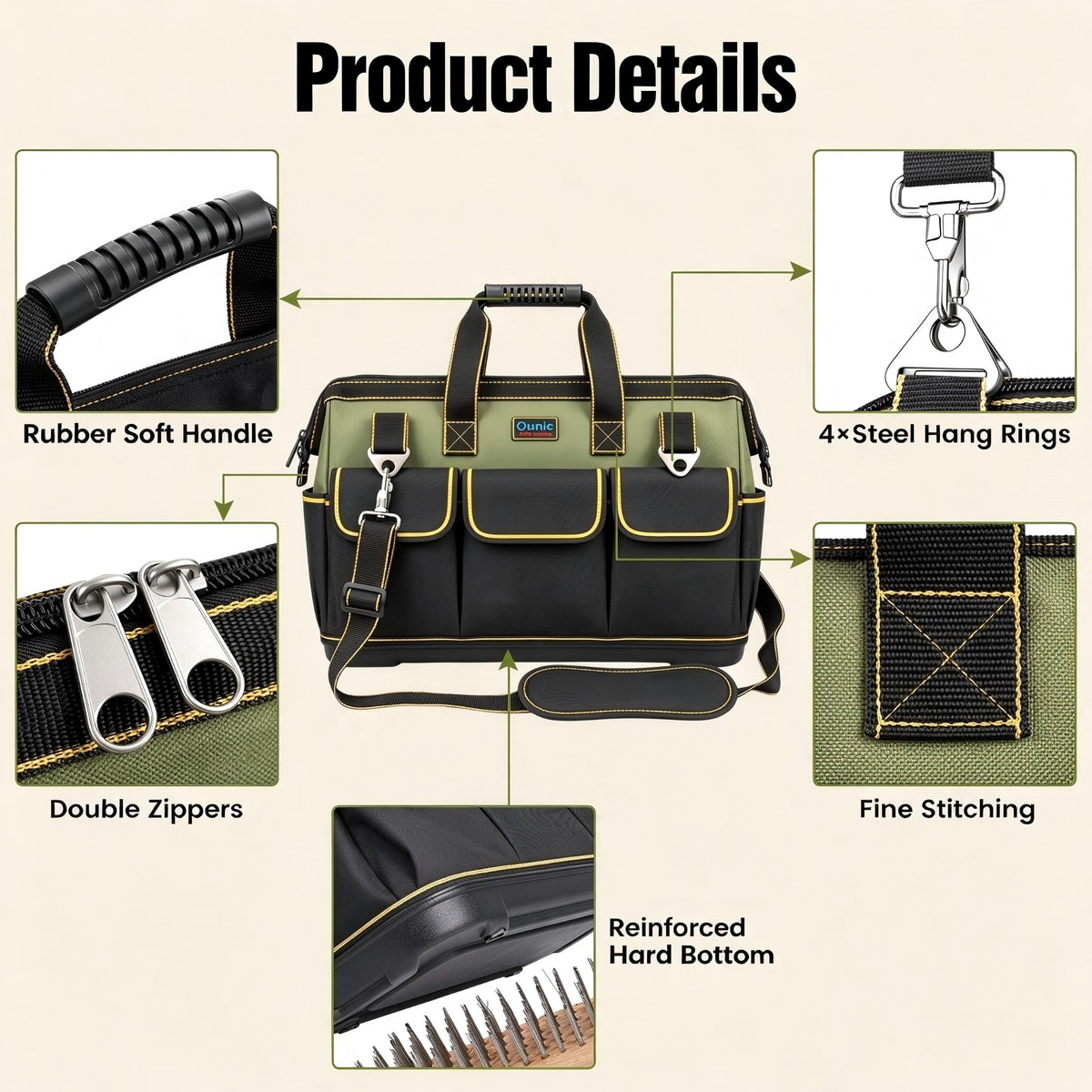 18 Inch Heavy Duty Tool Bag, 16-Pocket Portable Tool Box Organizer