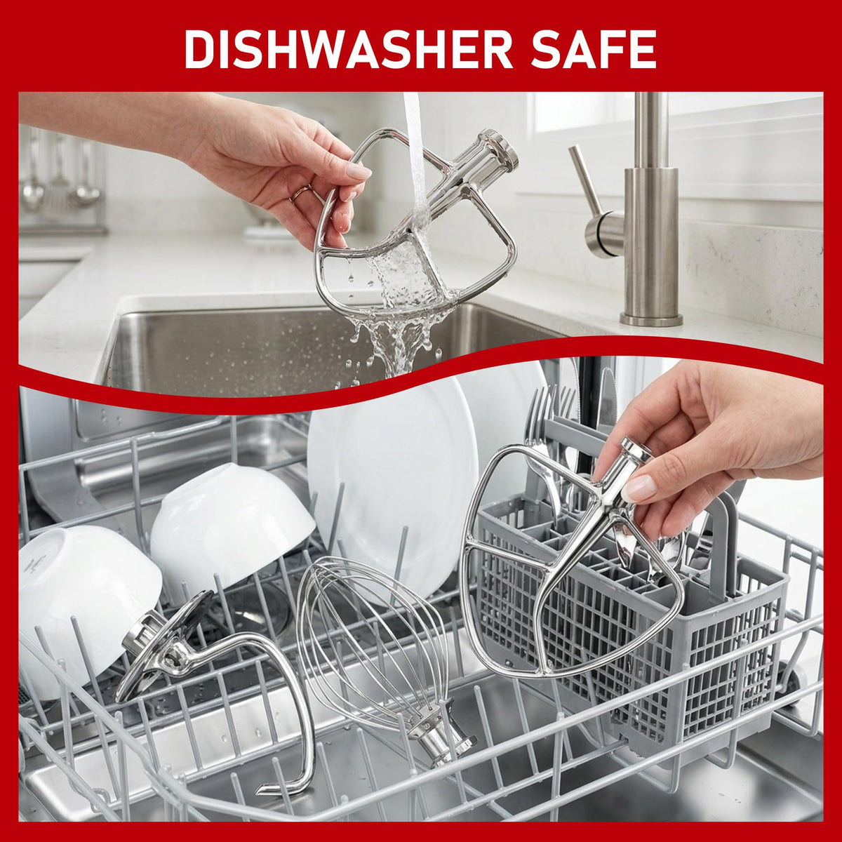3-Piece Stainless Steel Stand Mixer Attachments Set for KitchenAid Tilt-Head 4.5-5 Quart Mixers, Dough Hook, Flat Beater & Wire Whip, Premium Replacement Accessories, Dishwasher Safe
