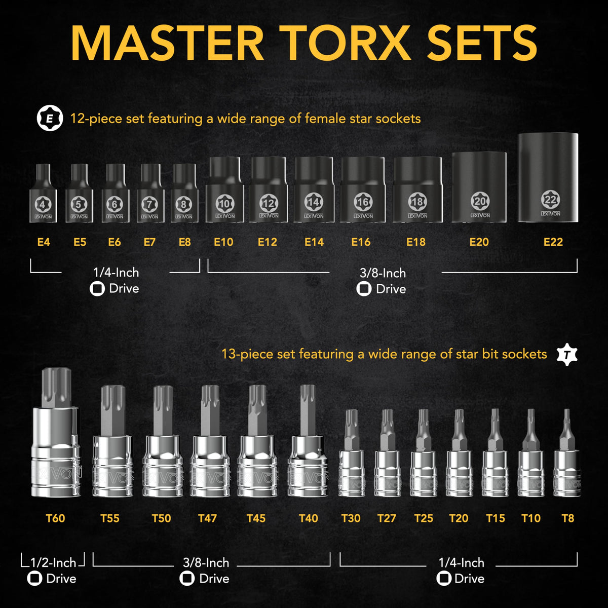 LEXIVON Master Torx Bit and Socket Set, Premium S2 Alloy & Cr-V Steel, 25-Piece, Bit Socket T8-T60 & E-Torx E4-E22, Heavy-Duty Storage Case (LX-148)