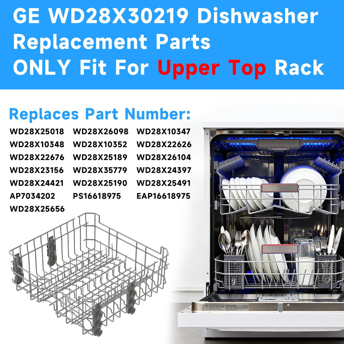 WD28X30219 WD28X35779 Upper Dishrack for Ge Dishwasher Rack Replacement WD28X24397 WD28X26098 Dishwasher Top Rack Replacement with Roller Wheels,GE GDT535PSM0SS GDT550PYR0FS Dishwasher Upper Rack