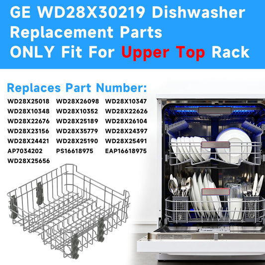 WD28X30219 WD28X35779 Upper Dishrack for Ge Dishwasher Rack Replacement WD28X24397 WD28X26098 Dishwasher Top Rack Replacement with Roller Wheels,GE GDT535PSM0SS GDT550PYR0FS Dishwasher Upper Rack
