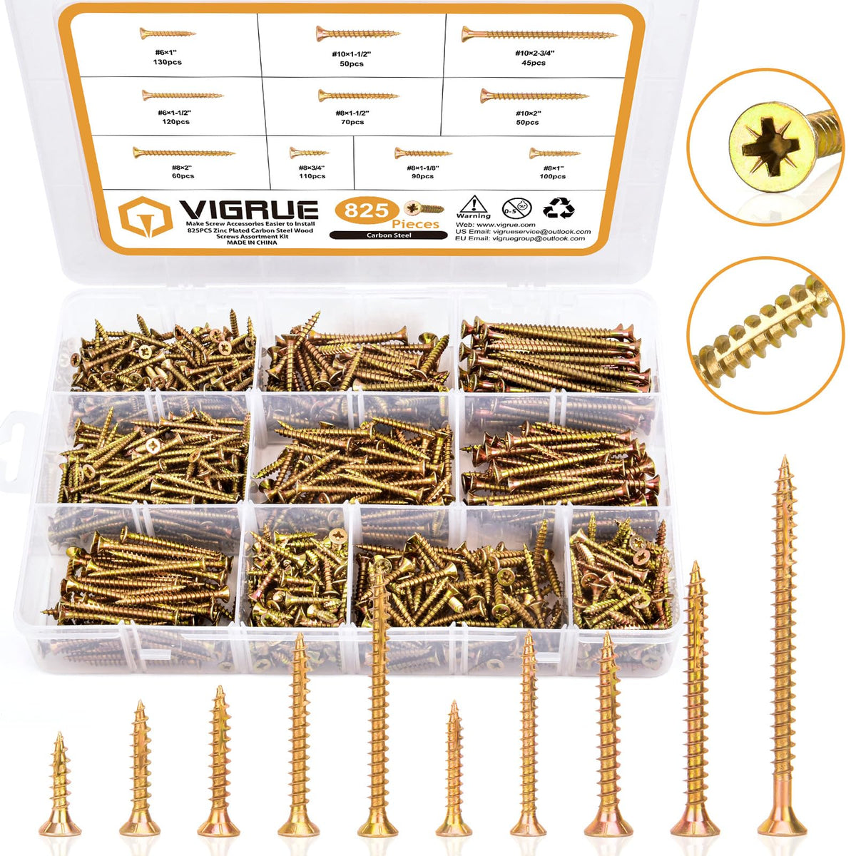 VIGRUE 825PCS Wood Screws #6#8#10 Phillips Flat Head Self Tapping Screws