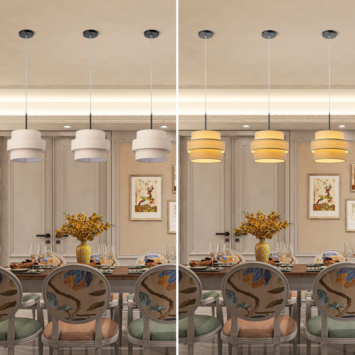 ELFCAB 3-tier Drum Lamp Shade for Pendant Lighting Floor Lamps Replacement Shade, The Fibric Lampshade is made of Natural Linen by hand