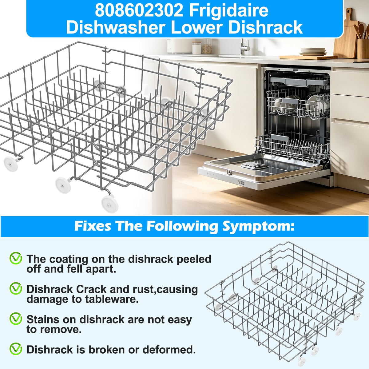 Upgraded 808602302 Dishwasher Lower Rack Compatible with Frigidaire Dishwasher Rack Parts,808602302 5304535768 154432601 FDB1050RES0 Frigidaire Kenmore Dishwasher Bottom Rack Replacement with Wheel