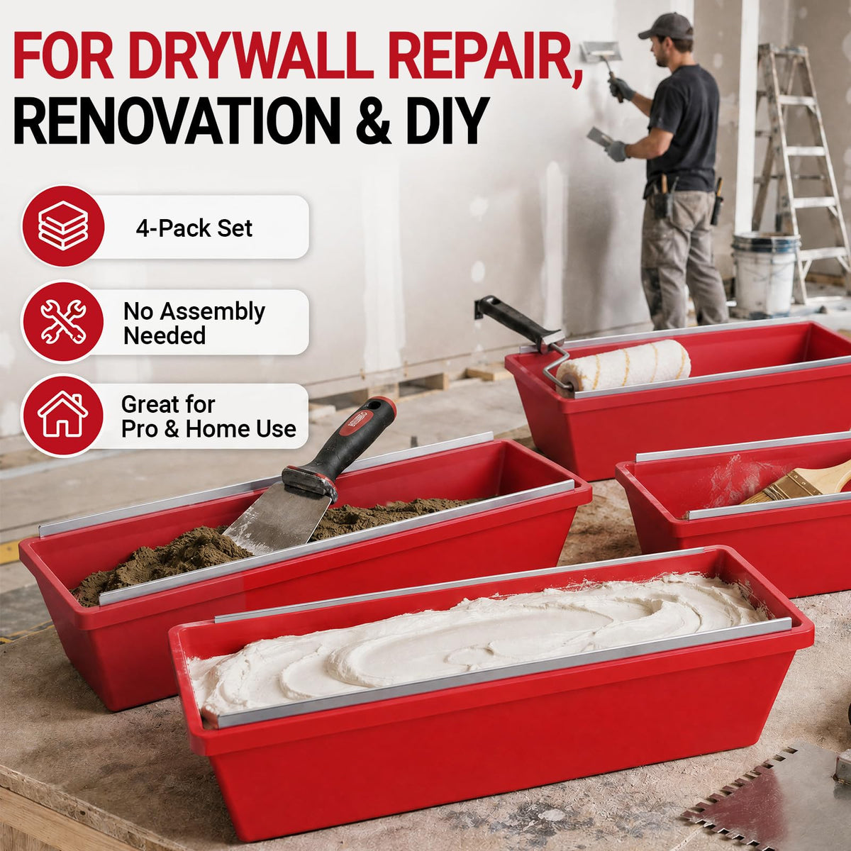 ElaraBerry 4 Pack 14 Inch Plastic Drywall Mud Pans with Dual Steel Scrapers