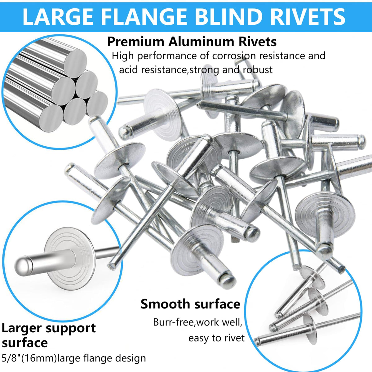 LAZIRO215PCS Pop Rivets Assortment Kit, Large Flange Aluminum Rivets(1/8" 5/32" 3/16") Assorted Blind Rivets with Case(Silver) (Rivets Assortment Kit)