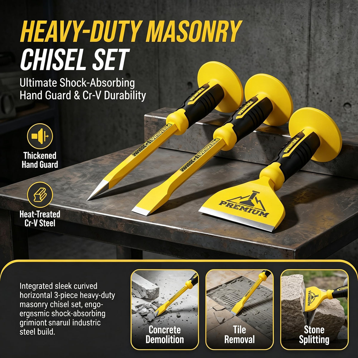 Faxdrts 3Pcs Heavy Duty Masonry Chisel Set for Concrete & Masonry Demo