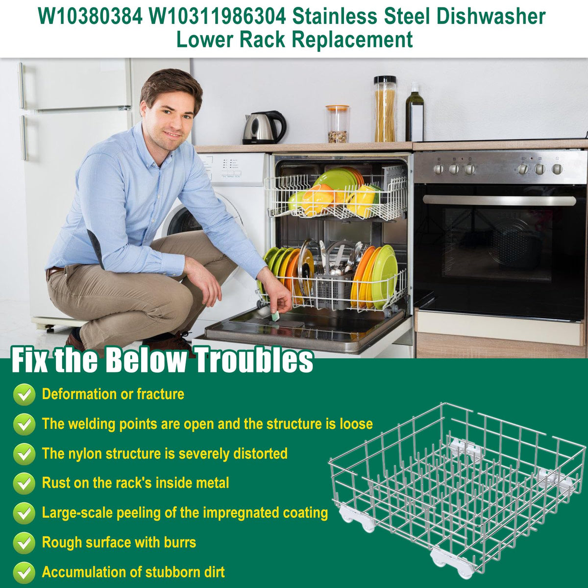 Upgraded 304 Stainless Steel W10311986 W10380384 Dishwasher Lower Rack Replacement for Whirlpool Dishwasher Bottom Rack 300563, DU911PCDQO with WP3376961 Wheels