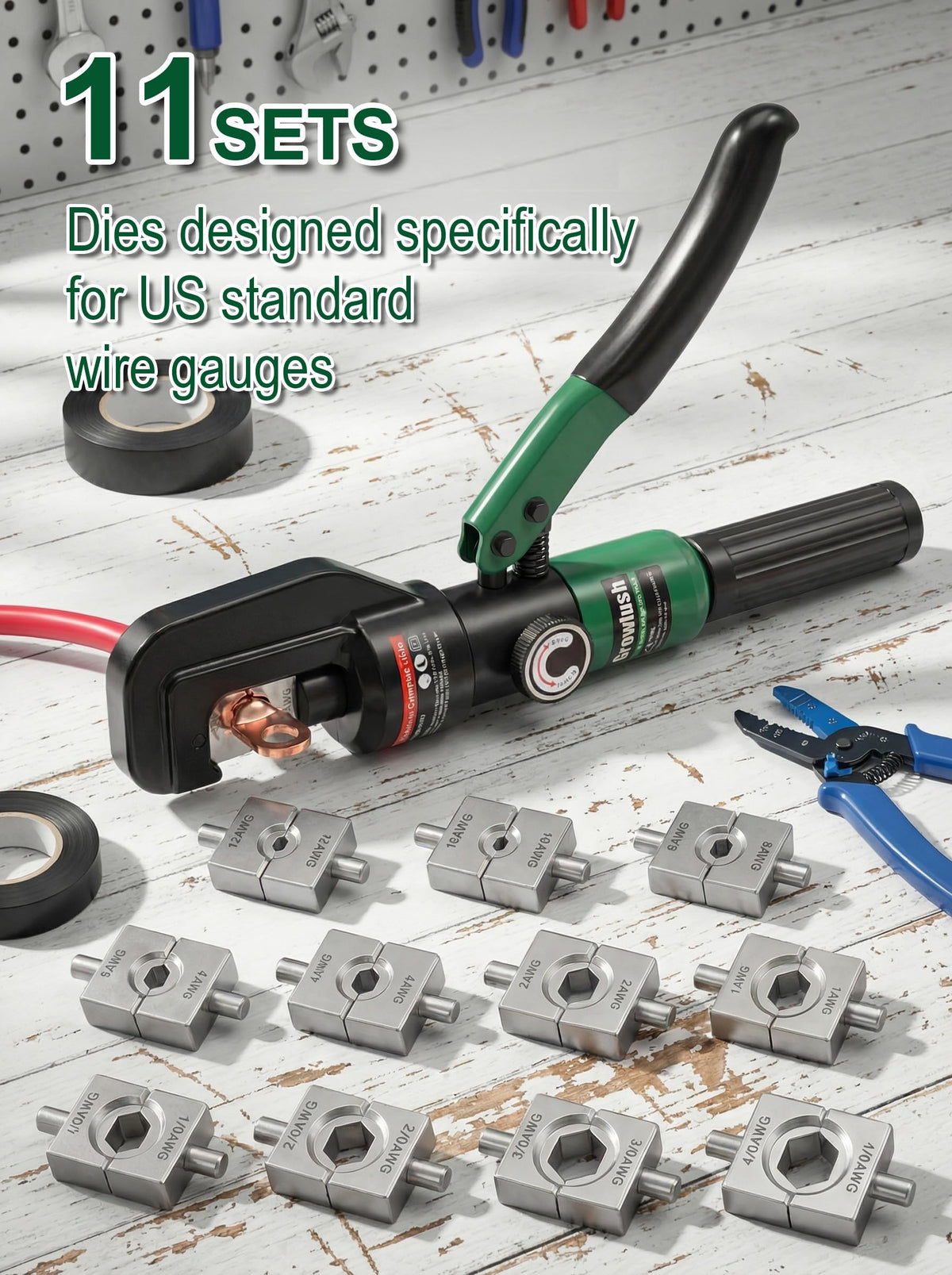 Growlush Hydraulic Cable Crimping Tool, Battery Cable Terminal Crimper 12 AWG–4/0 AWG, US Standard AWG Dies, 10-Ton Hydraulic Copper Cable Lugs Crimper for US Standard Cable 12 ga-4/0 ga