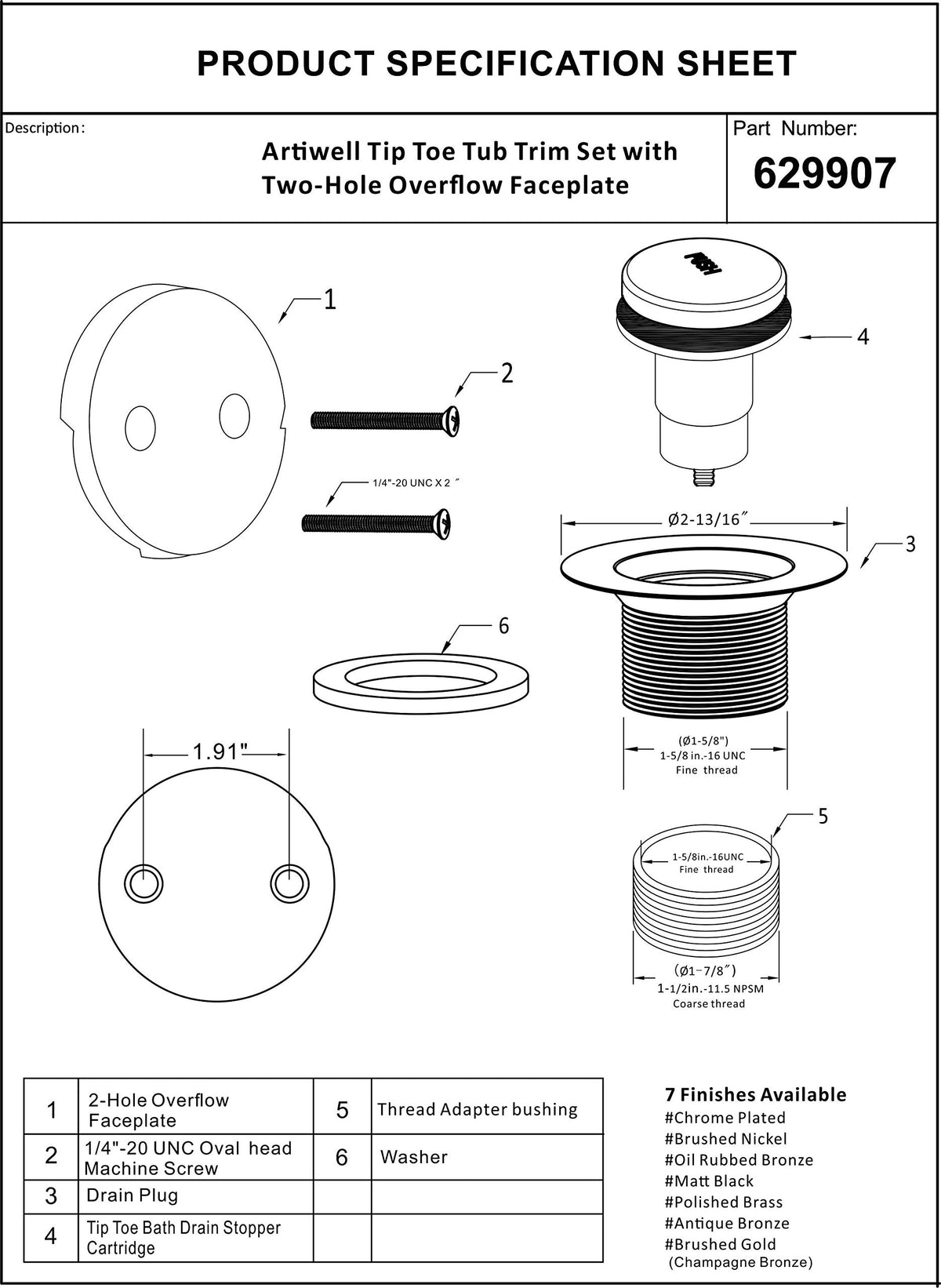 Artiwell Tip-Toe Bathtub Drains Trim Set with Two-Hole Overflow Faceplate, Replacement Bath Drain Trim Kit with 2-Hole Overflow Faceplate and Universal Fine/Coarse Thread