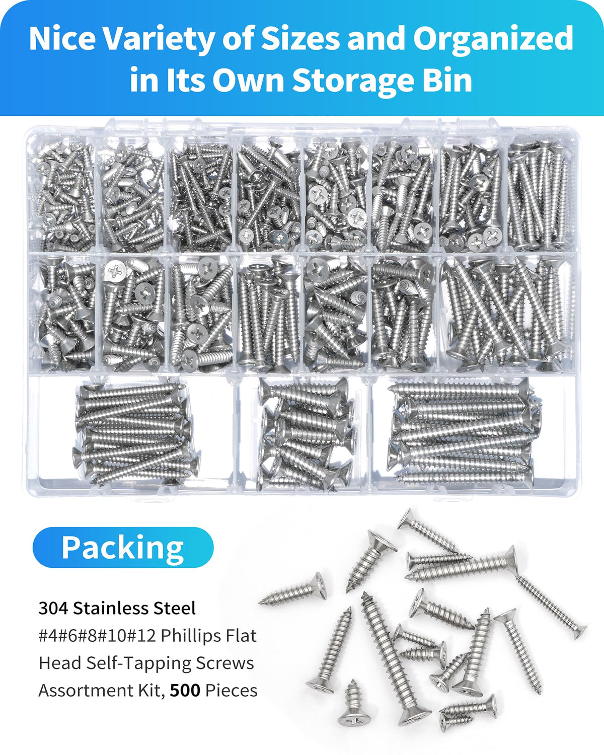 500Pcs 304 Stainless Steel Wood Screws Assortment Kit,#4#6#8#10#12 Assorted Screws,Phillips Drive Flat Head Sheet Metal Screw Self Tapping Screws Set, Length 3/8" to 2" (Silver-Flat Head)
