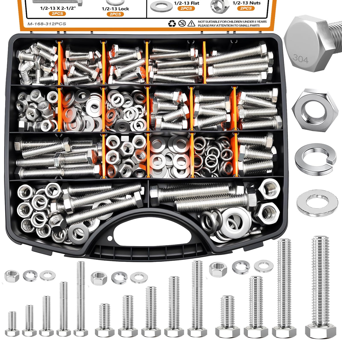mankk 312PCS Hex Bolts and Nuts Assortment Kit,4 Sizes (1/4-20,5/16-18,3/8-16,1/2-13") 304 Stainless Steel Hex Bolts and Nuts Washers Kit Hardware Screws Set Flat & Spring Lock Washers