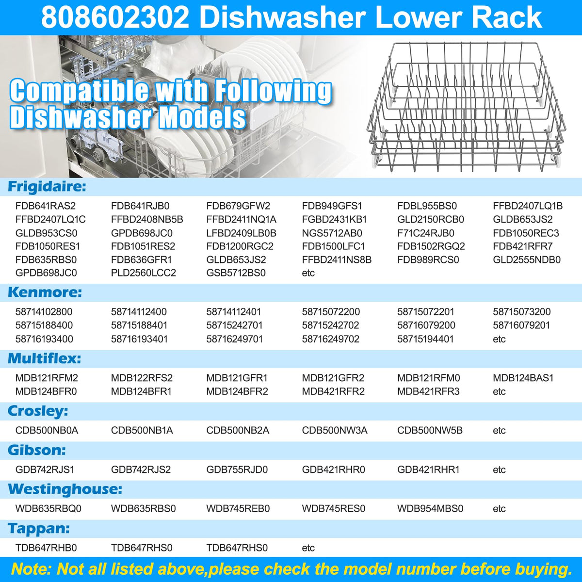 Upgraded 808602302 Dishwasher Lower Rack Compatible with Frigidaire Dishwasher Rack Parts,808602302 5304535768 154432601 FDB1050RES0 Frigidaire Kenmore Dishwasher Bottom Rack Replacement with Wheel