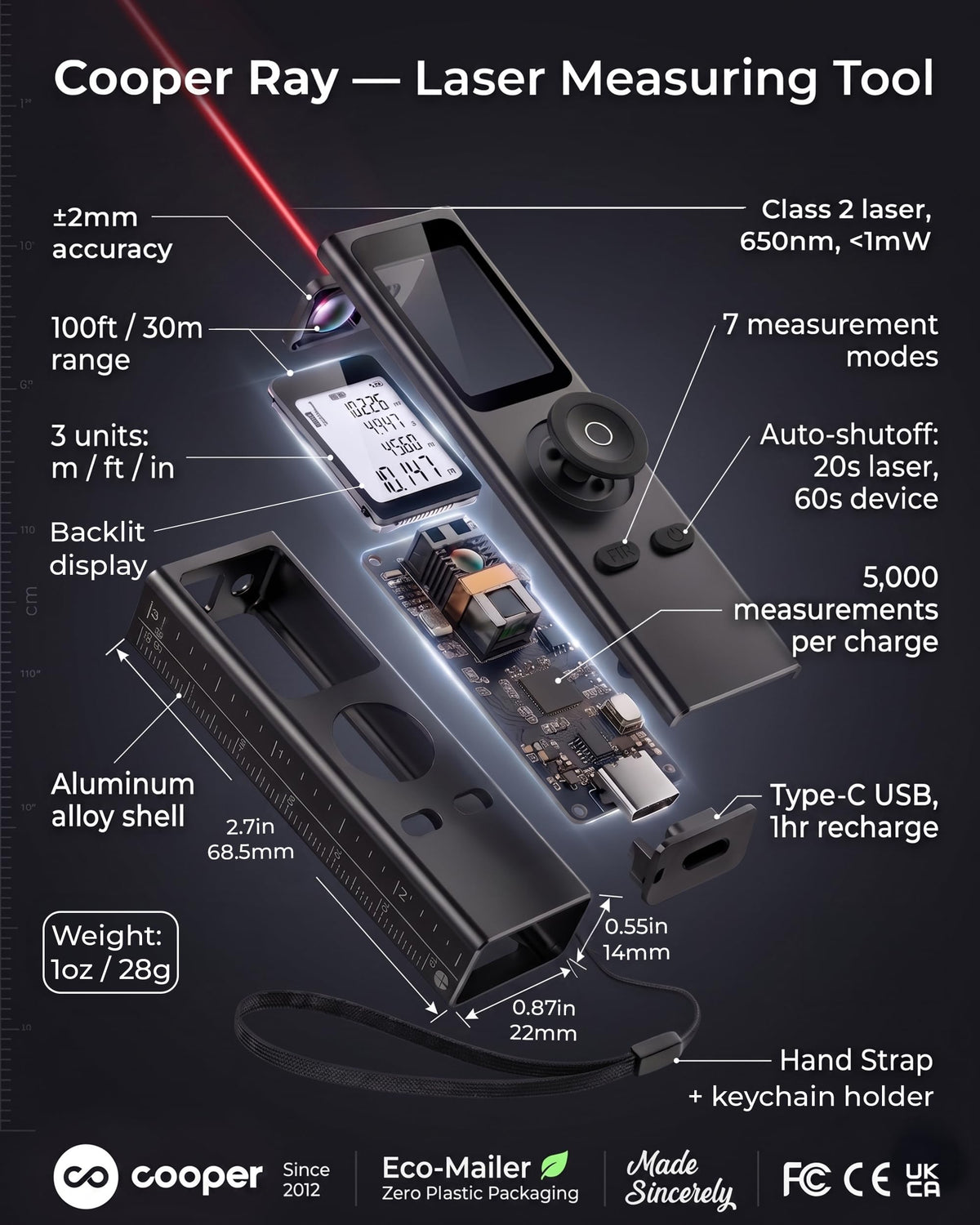 Cooper Ray Mini Laser Measuring Tool, Pocket Size Laser Tape Measure