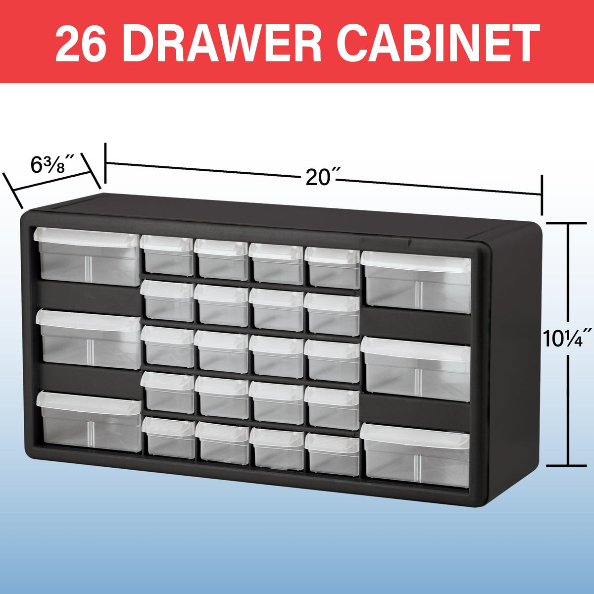 Akro-Mils 10126, 26 Drawer Plastic Parts Storage Hardware and Craft Cabinet, 20-Inch W x 6-Inch D x 10-Inch H, Black
