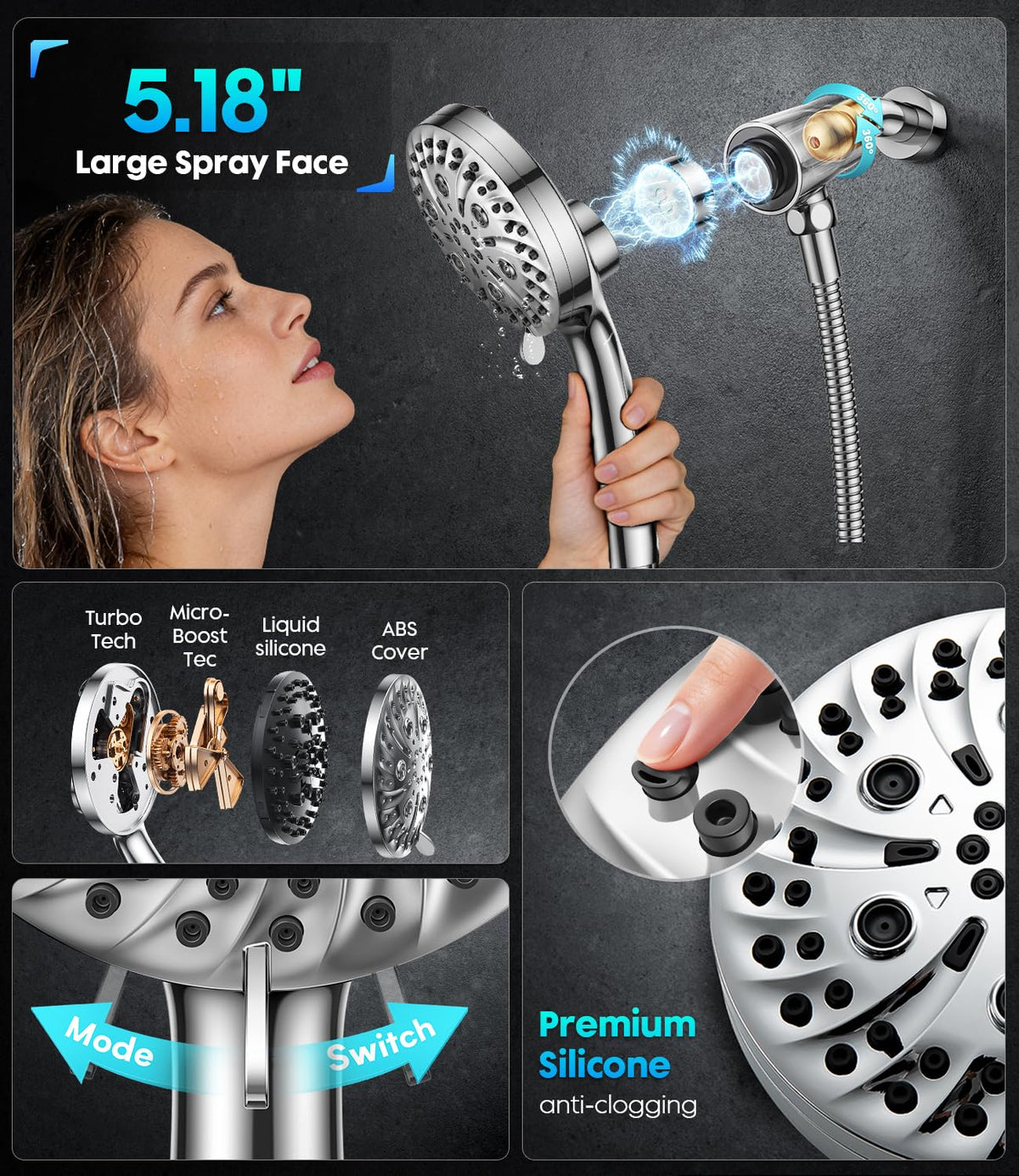 Handheld Shower Head High Pressure – Magnetic Holder,9 Spray Modes with Power Wash for Pets&Tile&Toilet, Filtered for Softer Skin & Shinier Hair, 1.8GPM, Stainless Steel Hose