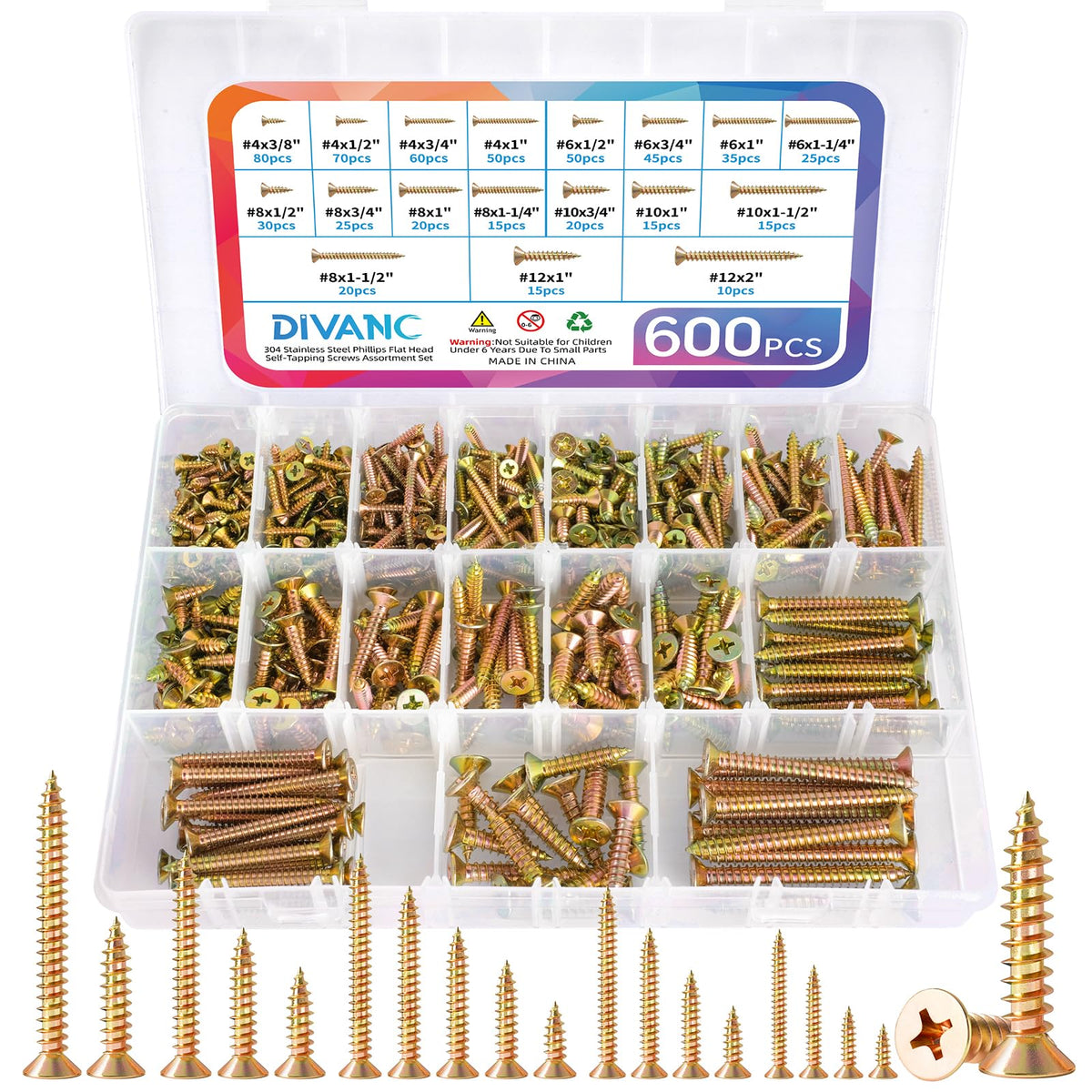 DIVANC 600Pcs Stainless Steel Zinc Plated Wood Screws Assortment Kit, #4#6#8#10#12 Phillips Flat Head Sheet Metal Screws Self Tapping Screws Set,Length 3/8" to 2" (Gold-Flat Head)