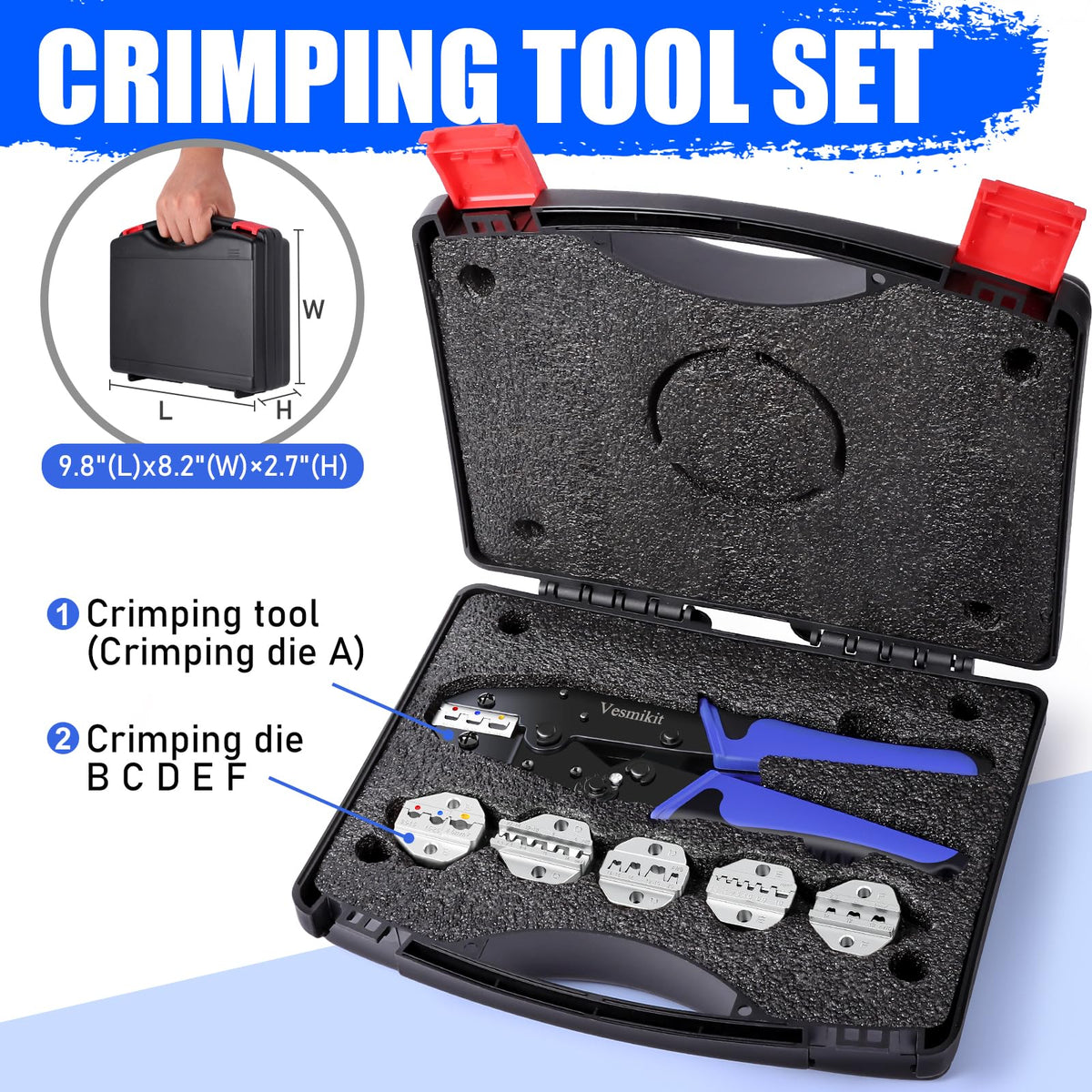 Crimping Tool Set 6PCS - Ratchet Wire Crimping Tool for Heat Shrink,Insulated Nylon,Non-Insulated,wire ferrules,Open Barrel Terminals,Solar Connectors - Crimper with 6 Interchangeable Die