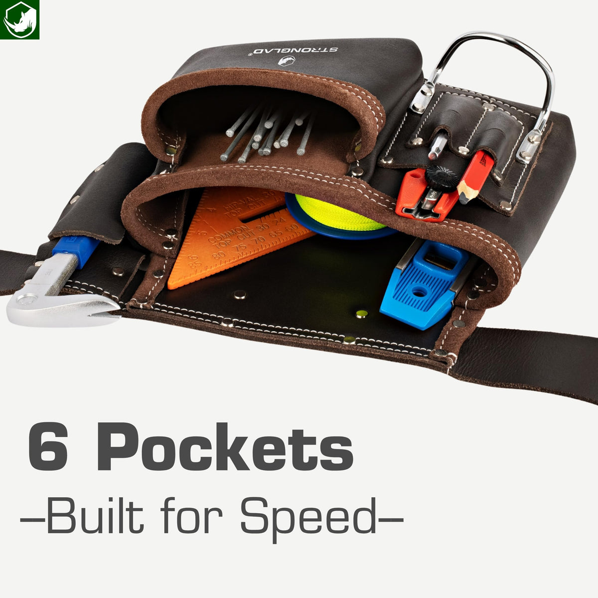 STRONGLAD Leather Tool Belt - 6-Pocket Oil-Tanned Utility Pouch, 29-46 in Adjustable Waist, Heavy-Duty Carpenter Drywaller Electrician Work Belt